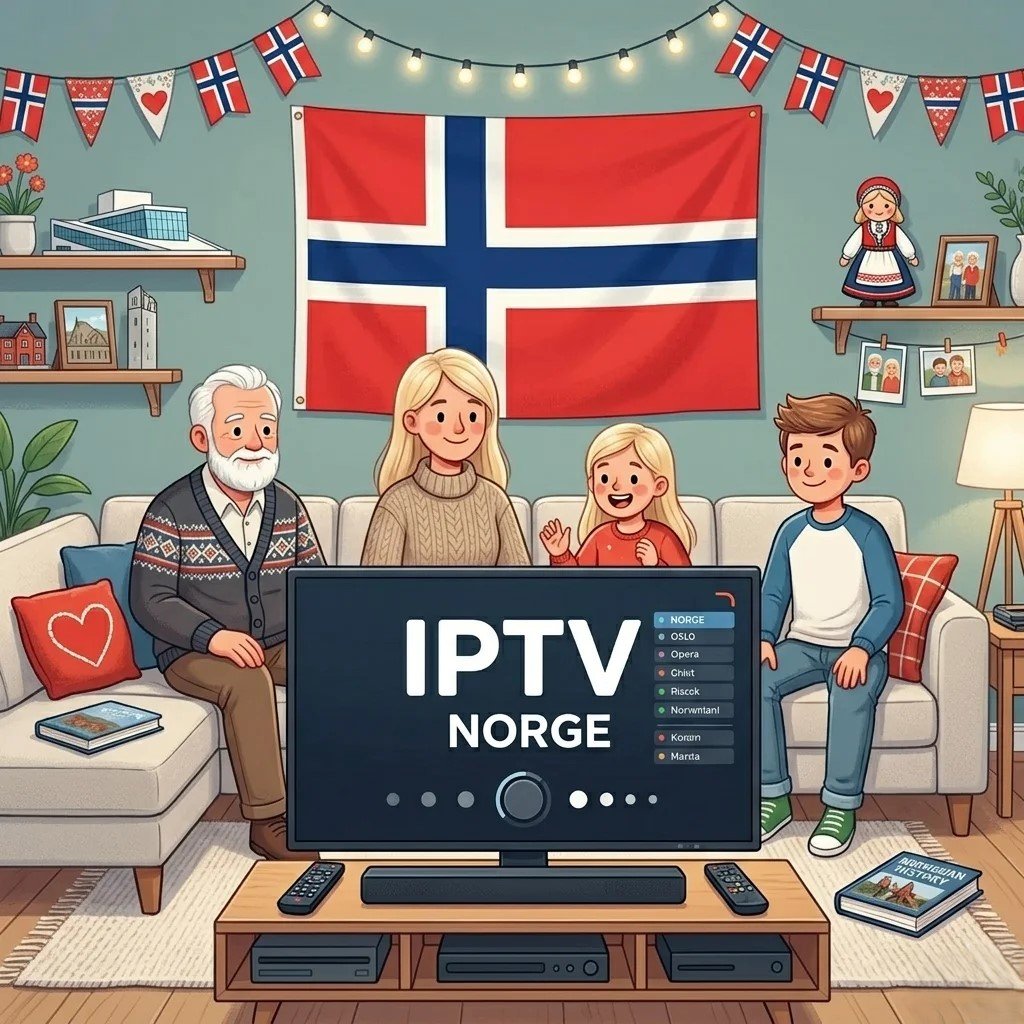 En norsk familie i en koselig stue som ser på IPTV Norge på en stor TV med et norsk flagg i bakgrunnen