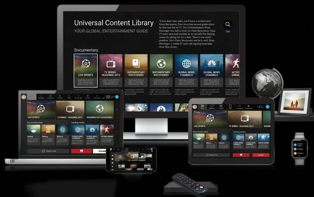 A multi-device setup including TV, laptop, and phone, displaying a universal IPTV Norge service interface with generic channel categories and global content placeholders in a clean living room setting.